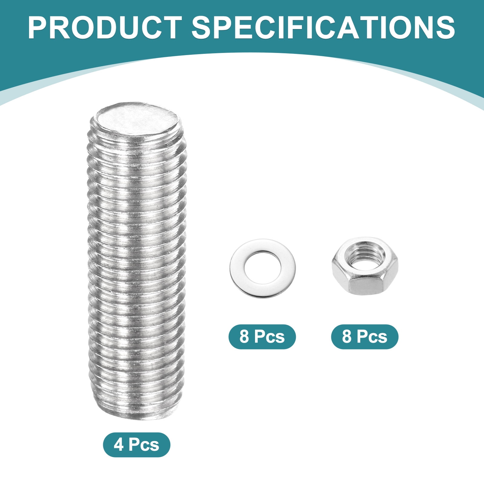 4 Pack Fully Threaded Rod, M16 x 50mm 201 Stainless Steel Right Hand Threads Rods with Nuts and Flat Washer