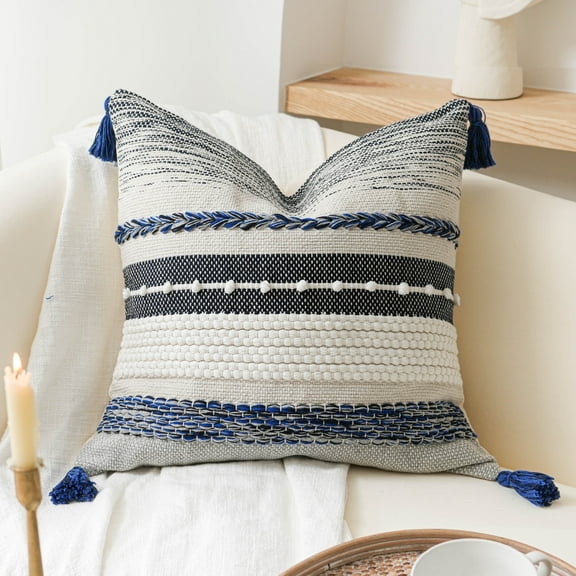 BlissBlush Navy Dark Blue Boho Throw Pillow Cover 22x22 Grey Decorative Accent Pillow for Couch Square Woven Textured Pillowcase Modern Boho Pillow for Bed, Bohemian Pillow Cover (Pack of 1)