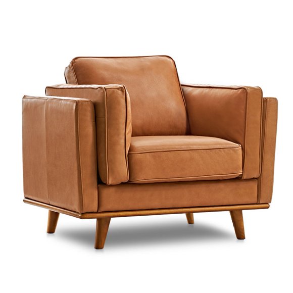 Valencia Artisan Leather Accent Chair | Pure Italian Nappa Top Grain Leather, Alder Wood Legs and Frame, Fabric Backed Cushions, Cognac