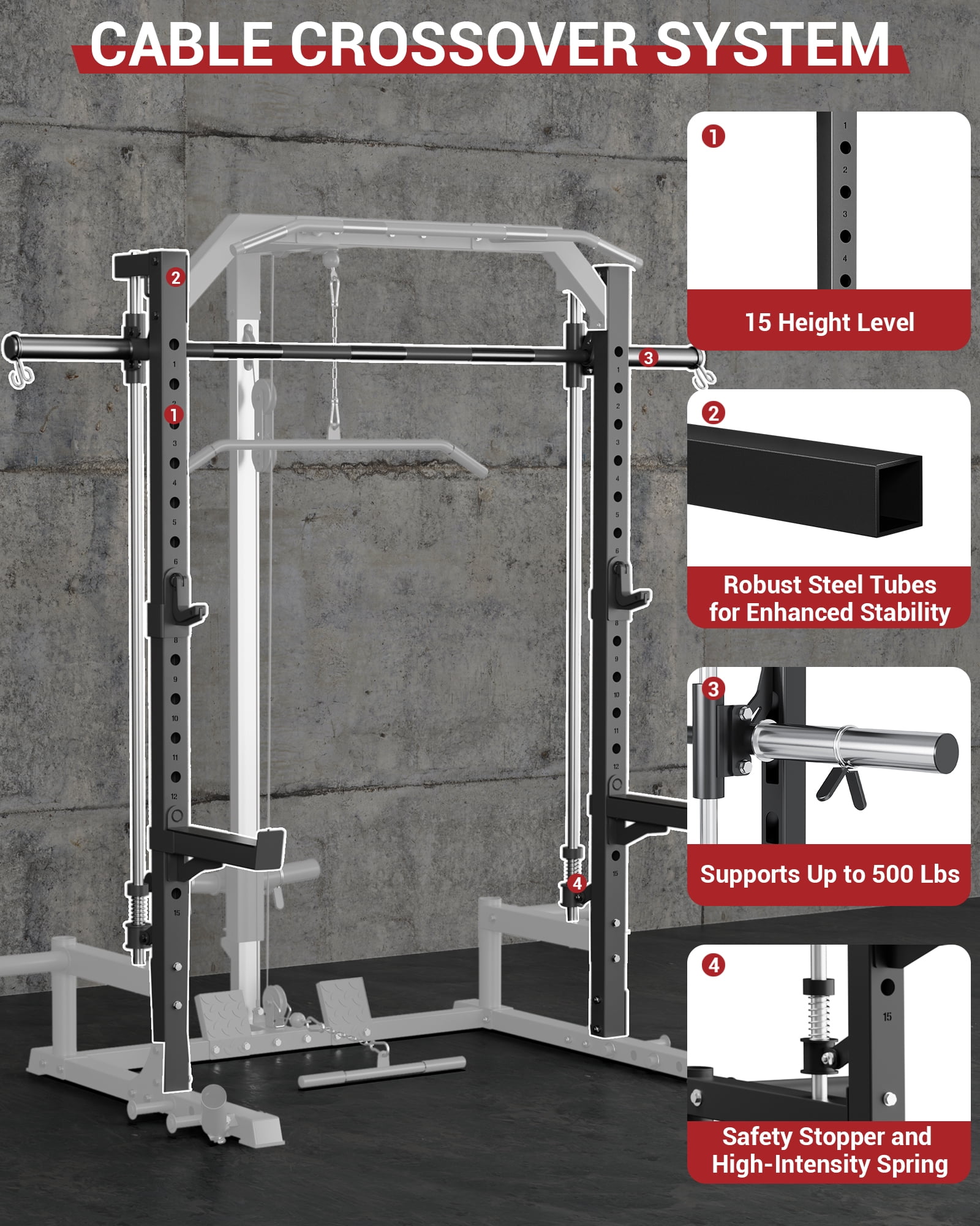 GARVEE Smith Machine with Barbell Bar,Cable System,Lat Pulldown Attachments,J Hooks, Landmine,Safety Spotter Arms,Multi-Functional Squat Rack for Home Gym