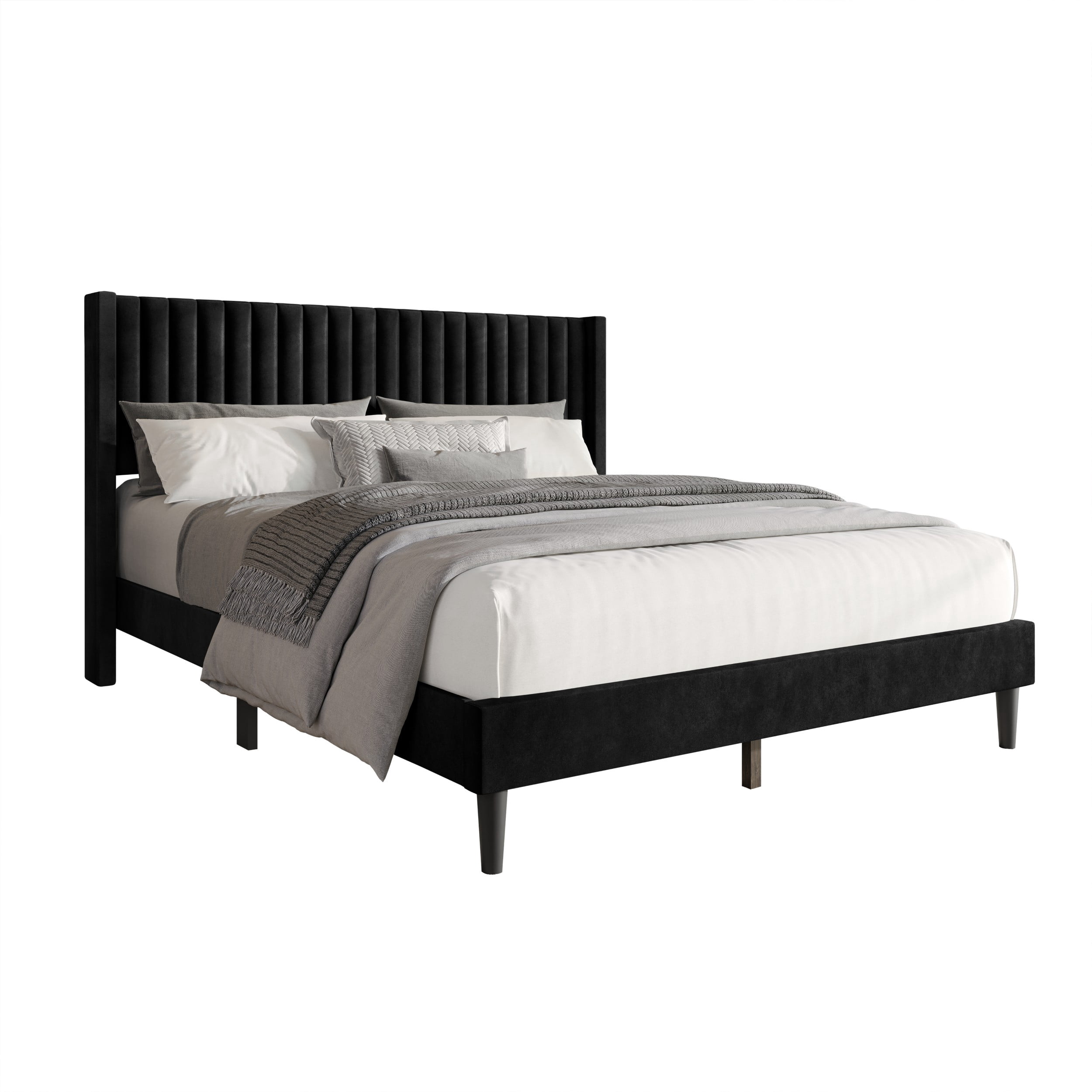 Favorer Montrose Upholstered Wingback Bed, Channel Tufted Headboard, Platform Design
