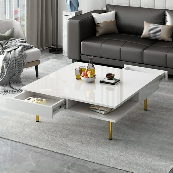 Dovelina High Gloss White Coffee Table with 4 Golden Legs, 2 Small Drawers, 2-Tier Square Center Table for Living Room, Modern Storage Table with Open Shelves, Elegant Coffee Table with Storage,White