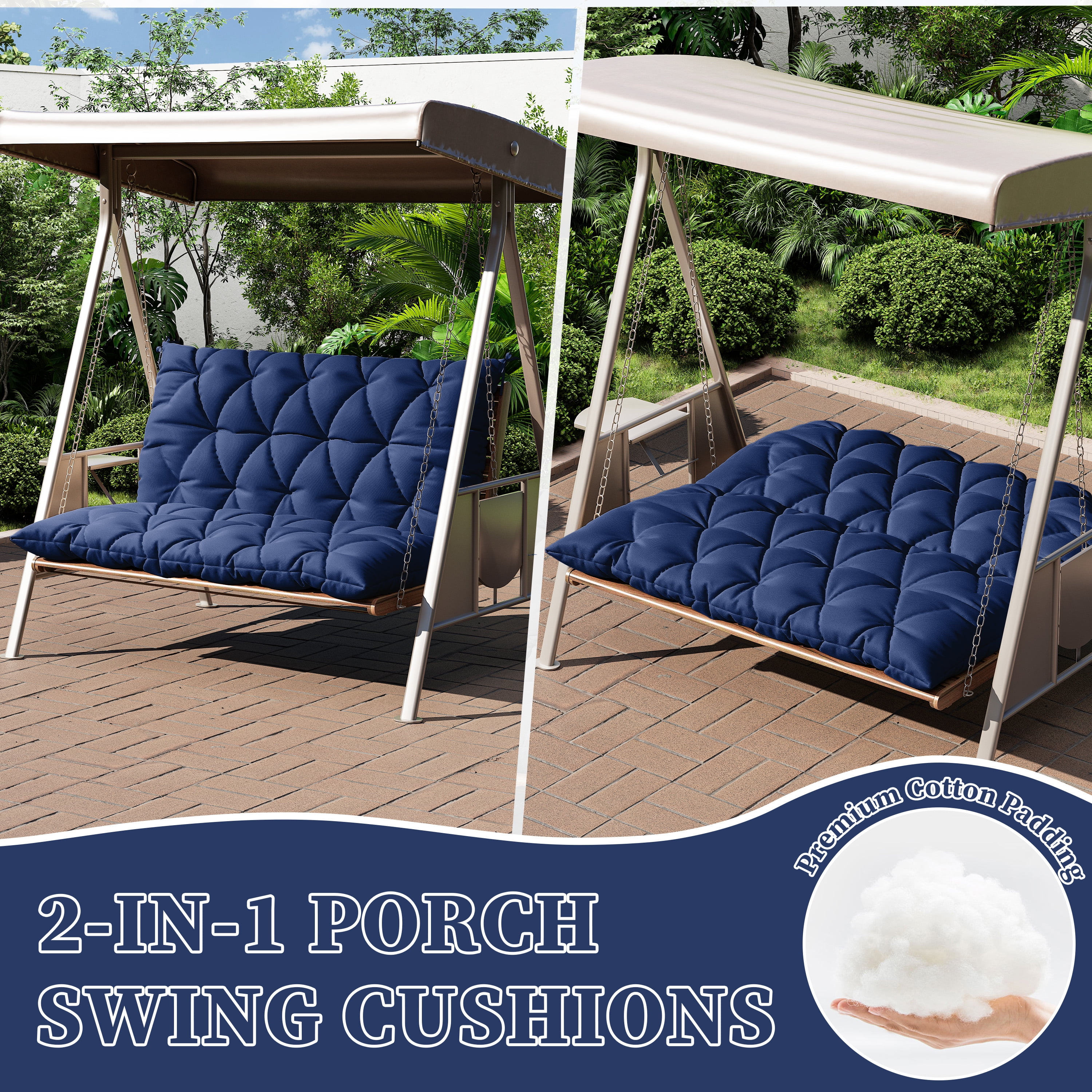 Snubbull Swing Replacement Cushion, Outside Bench Cushion with Backrest, 1-2 Seater Cushion with 6 Ties for Outdoor Furniture, 47 x 40 x 5 Inches Porch SwingCushion Garden Bench, Blue