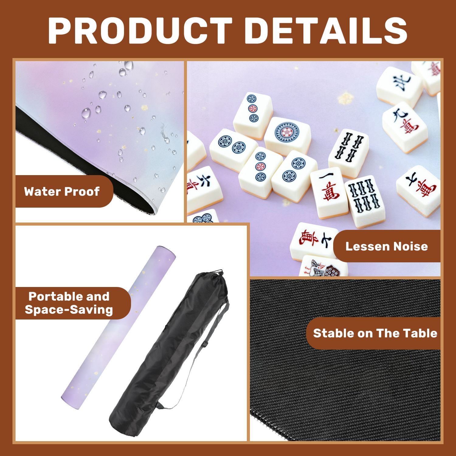 Mahjong Mat 31.5" x 31.5" Violet cyan blue liquid watercolor golden stains Teal mauve purple Non-Slip Noise Reduction American Mahjong Tiles Table Cover for Dominoes Poker Card Board Games Gift