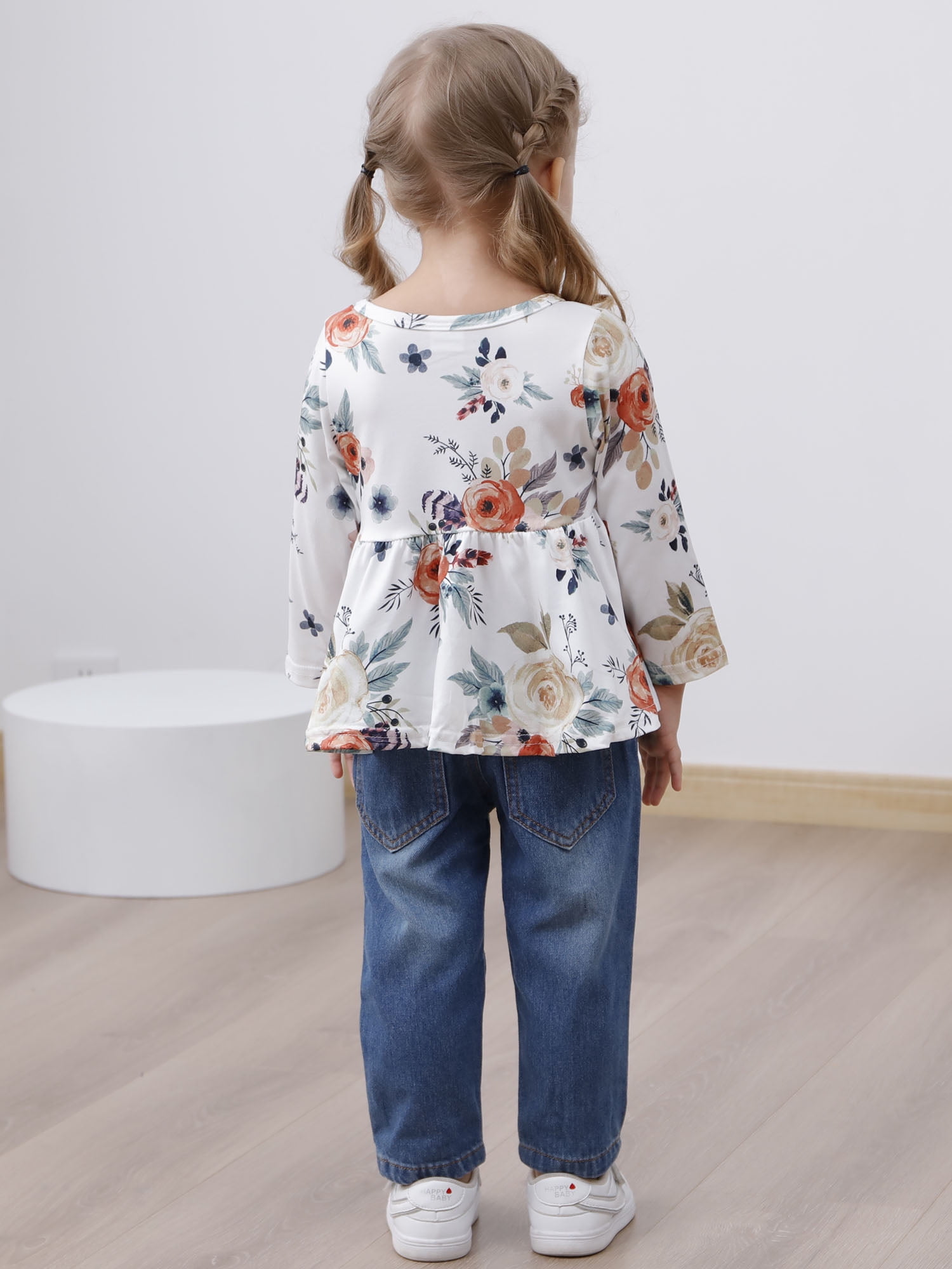 CARETOO Girl Clothes Outfits Toddler Baby Ruffle Sleeve Floral T-Shirt Tops Ripped Jeans Pants Set