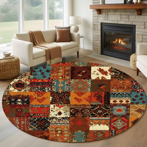 Round Rugs 6Ft, Boho Vintage Round Area Rug Washable Indoor Throw Carpet, Brown Ethnic Middle Century Geometric Soft Non Slip Circle Rug for Office Cabinet Home Decor Aesthetic