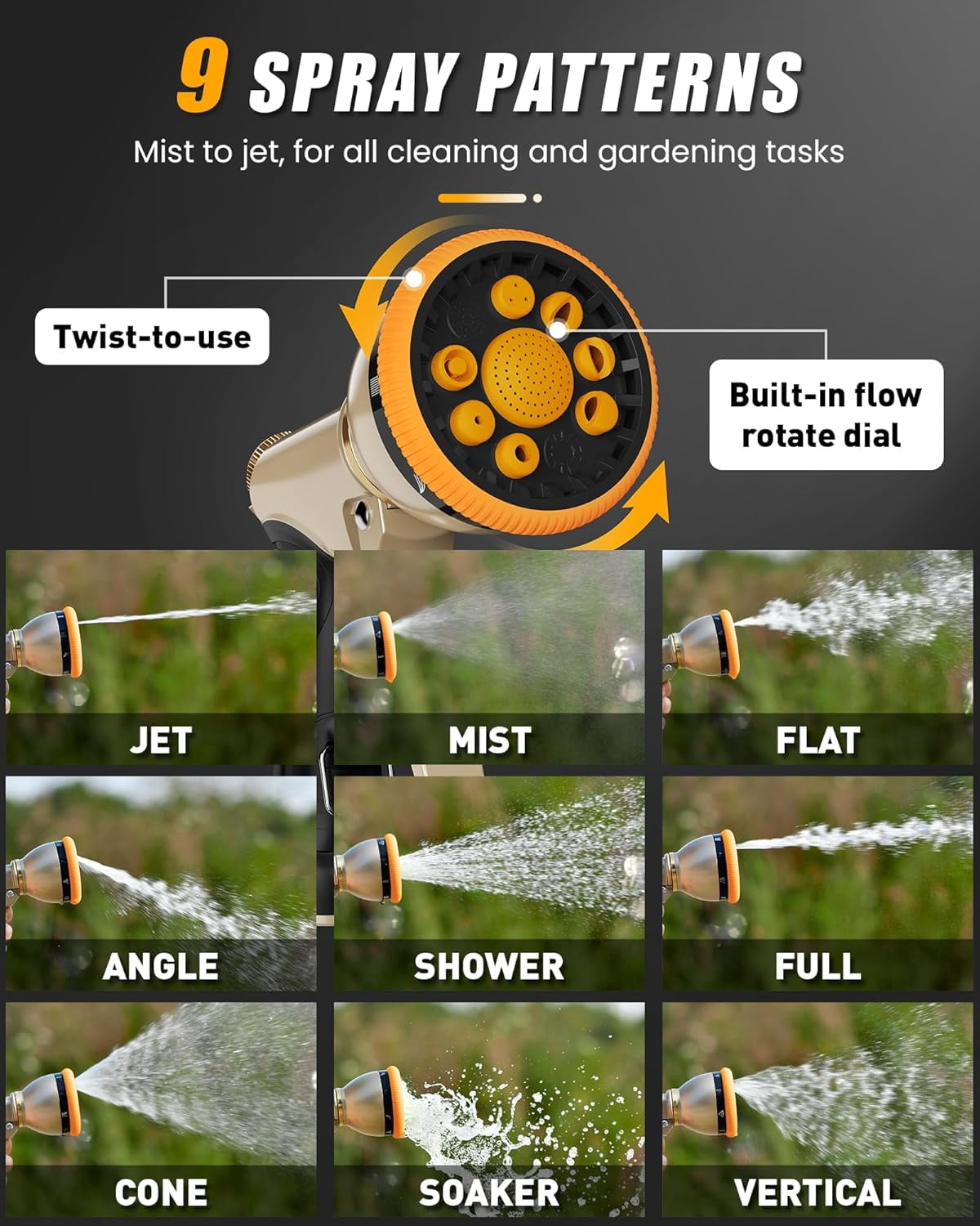 Garden Hose Nozzle, Heavy Duty Metal Water Hose Sprayer Nozzle with 9 Adjustable Spray Patterns, High Pressure Hand Sprayer for Watering Plants, Lawns, Car and Pet Washing (1, Green)