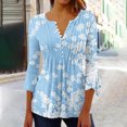 thumbnail image 2 of Women's 3/4 Flare Sleeve Pleated Flowy Shirts Dressy Tops Vintage 1/4 Button up Blouse Boho Flora Print Summer Clothes for Teen Girls Henley Neck Tunic Fashion 2024 Blue T Shirts M, 2 of 5