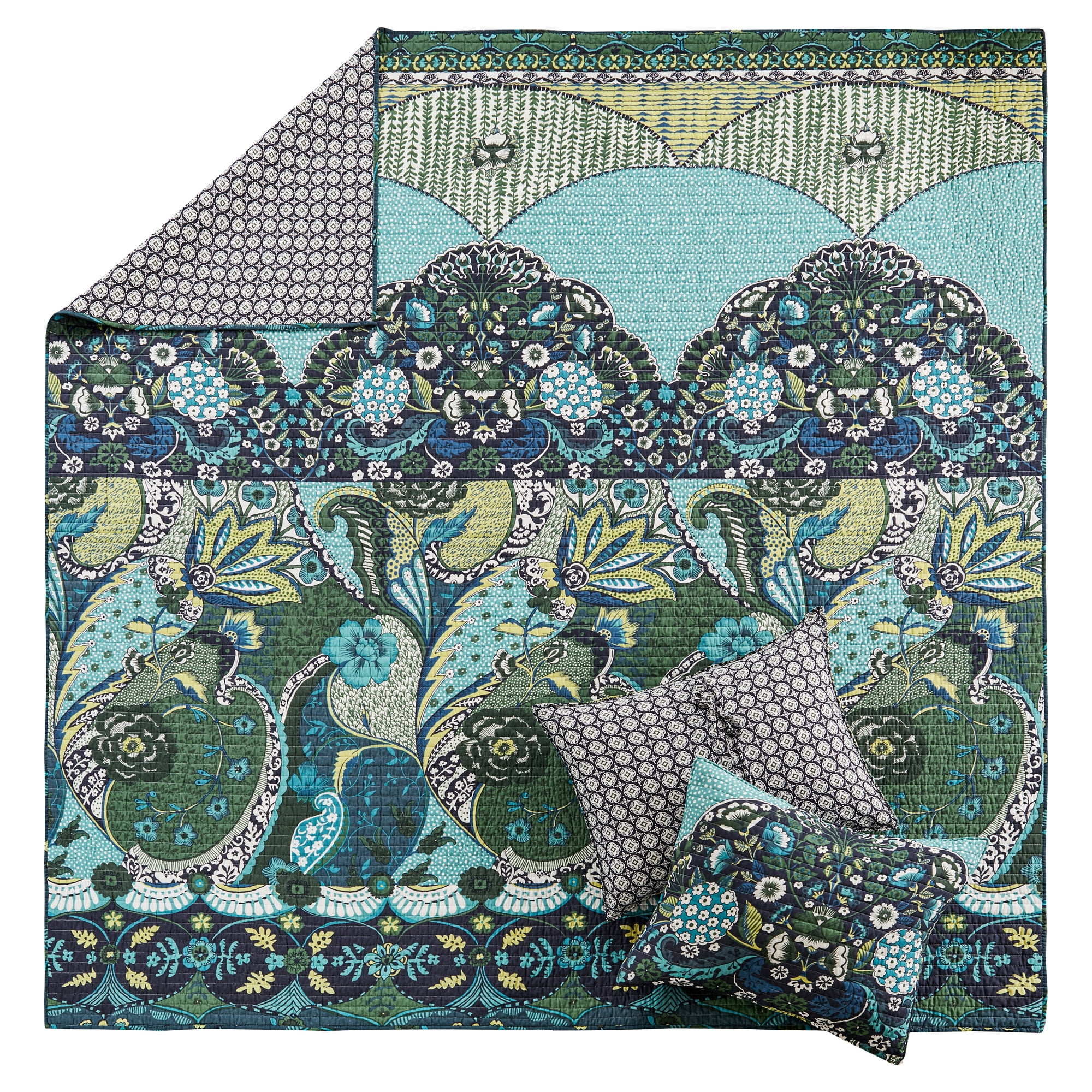 Levtex Home - Jules Quilt Set - Full/Queen Quilt + Two Standard Pillow Shams - Bohemian - Navy, Green, Blue, Teal - Quilt Size (88x92in.) and Pillow Sham Size (26x20in.) - Reversible - Cotton Fabric