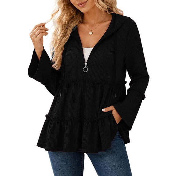 Women's Hooded Zip Up Tops Ruffle Tiered Peplum Jacket 2026 Casual Long Flare Sleeve Knit Loose Cardigan Coat for Spring Fall
