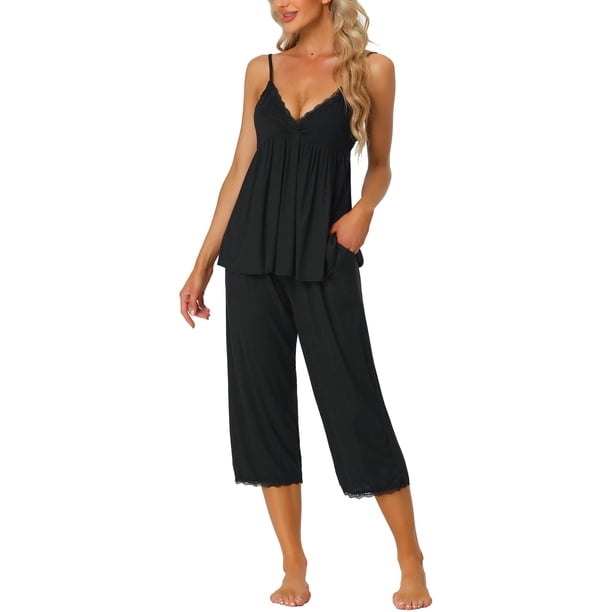 Conjunto de pijama para mujeres INSPIRE CHIC para el Día de la Madre, top de tirantes con pantalones, 2 piezas, ropa de dormir de punto waffle, 2XL negro