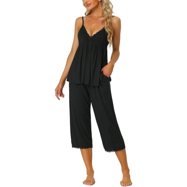 INSPIRAR CHIC Conjunto de Pijama para Mujeres Top de Cami con Pantalones Lounge 2 Pcs Ropa de Dormir Tejido Waffle S Negro