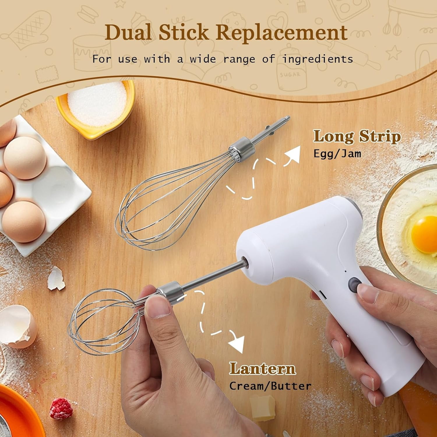 Cordless Hand Mixer, Handheld Electric Whisk with 3 Speed Modes, Held Egg Beater 2 Detachable Stir Whisks (White Silver)