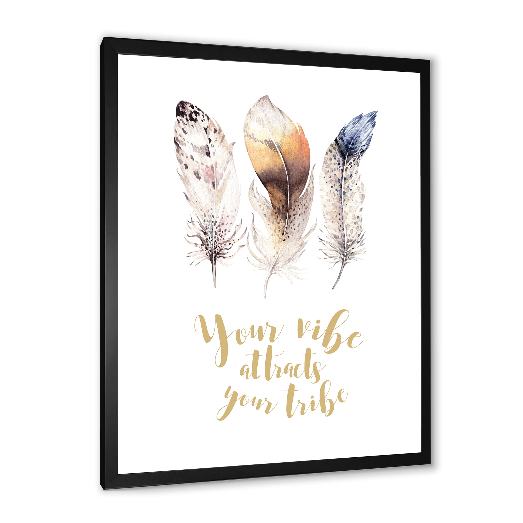 Multi-colored Ethnic Art Feathers With Inspiring Quote 24 in x 32 in Framed Painting Canvas Art Print, by Designart