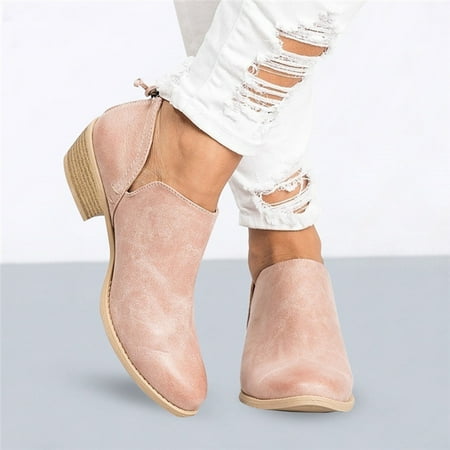 

Foraging dimple Women s Boots Leather Cowhide Short Boots Low Heel Round Toe Casual Shoes Pink