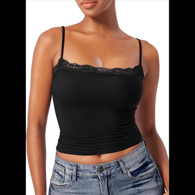 Camisola Básica de Encaje para Mujer, Cuello Cuadrado, Sin Mangas, Tirantes Finos Negro S