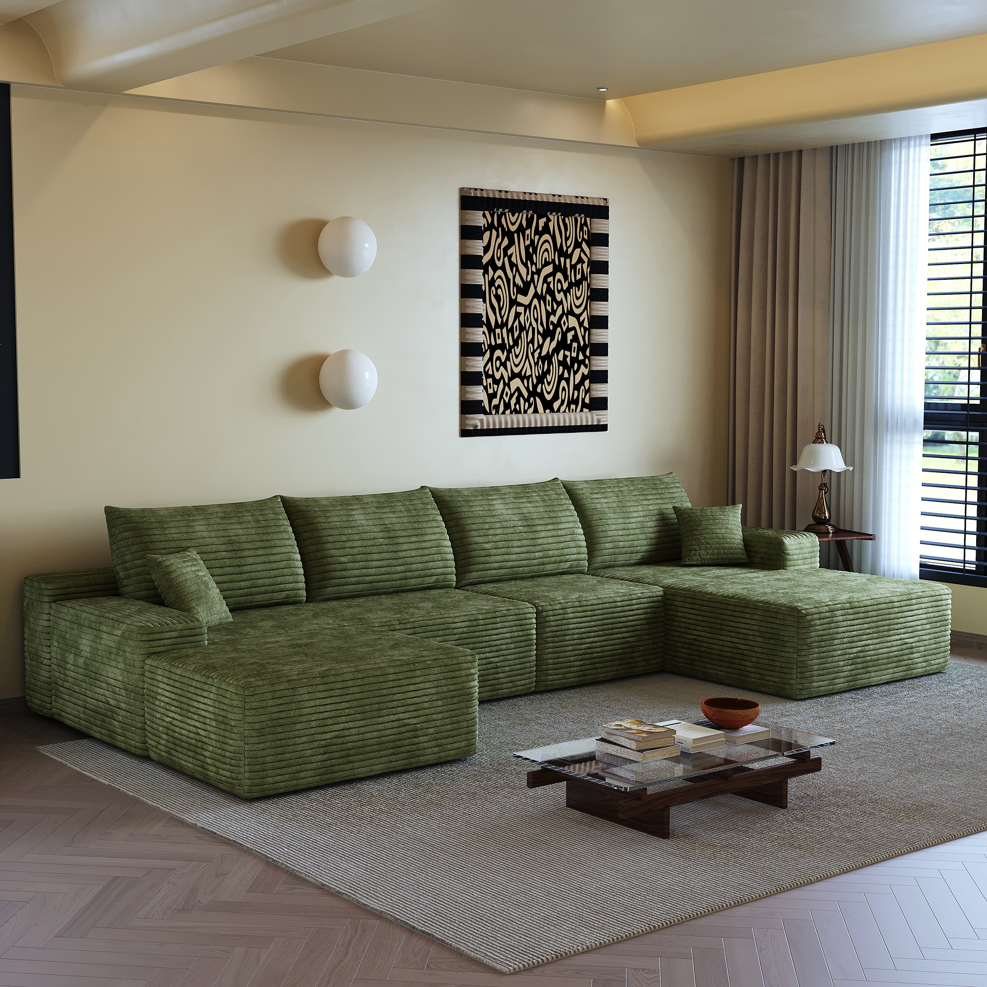 MAYEERTY 135" Cloud Sectional Sofa with 1 Ottoman, Modern Minimalist U-Shaped Deep Seat Couch, No Assembly Plush Corduroy Fabric, Green (4 packages)
