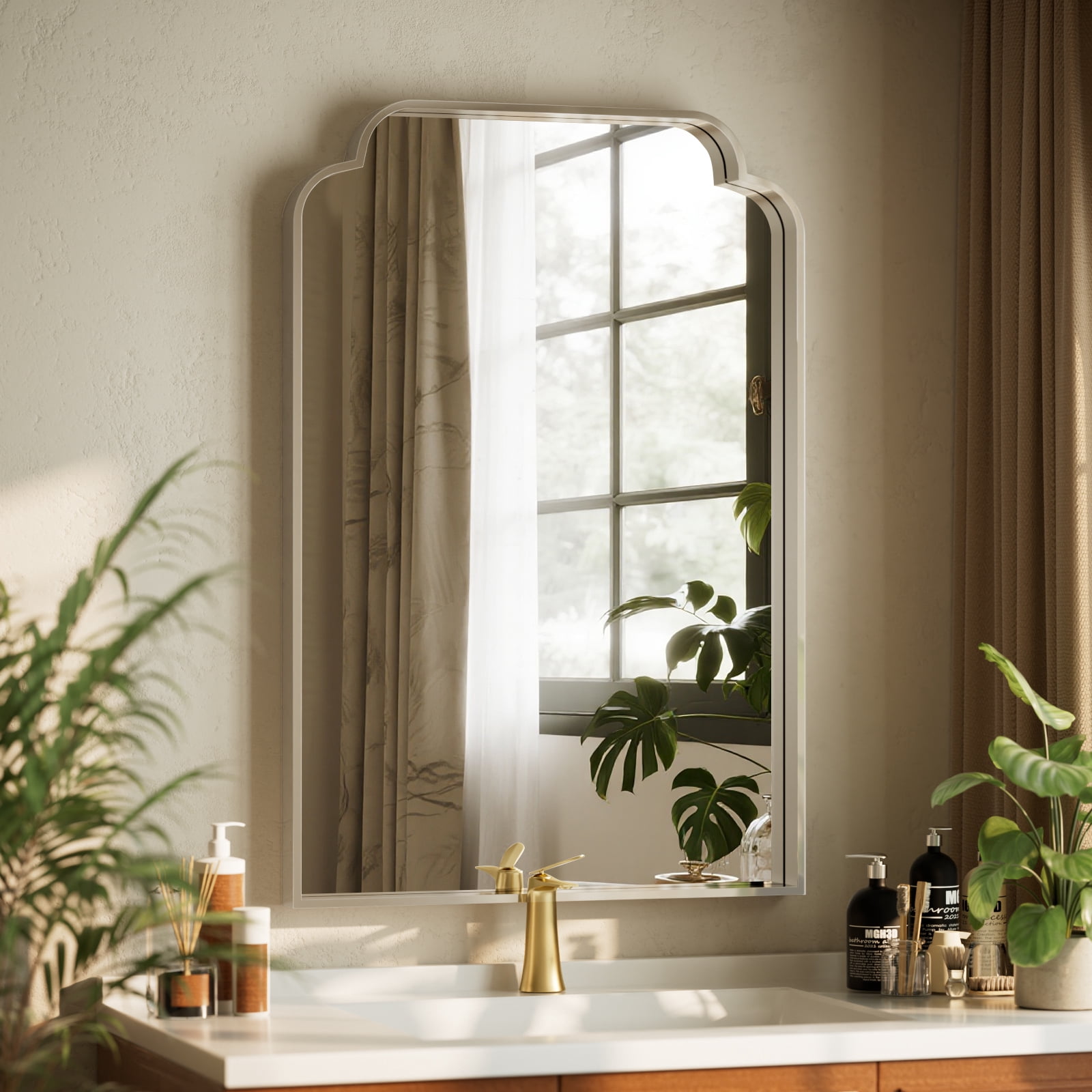 Puremirror 30"x20" Vanity Mirror with Deep Frame Arched Bathroom Mirror Bedroom, Silver