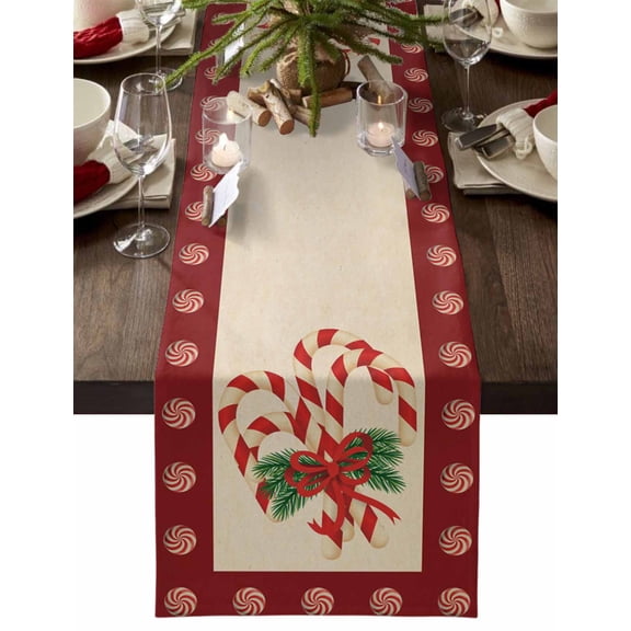 Christmas Candy Cane Cotton Linen Table Runner for Dining Kitchen, Xmas Red Bow Pine Branch Retro Wedding Outdoor Party Tablerunners Decoration, Dresser Scarf Coffee Tablecloth Runners 13x90 Inches