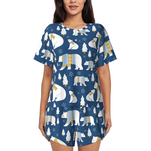Fotbe cute winter bear Conjunto de Pijama Estampado para Mujer, 2 Piezas, Ropa de Dormir con Camiseta de Manga Corta y Shorts Suaves-4X-Large