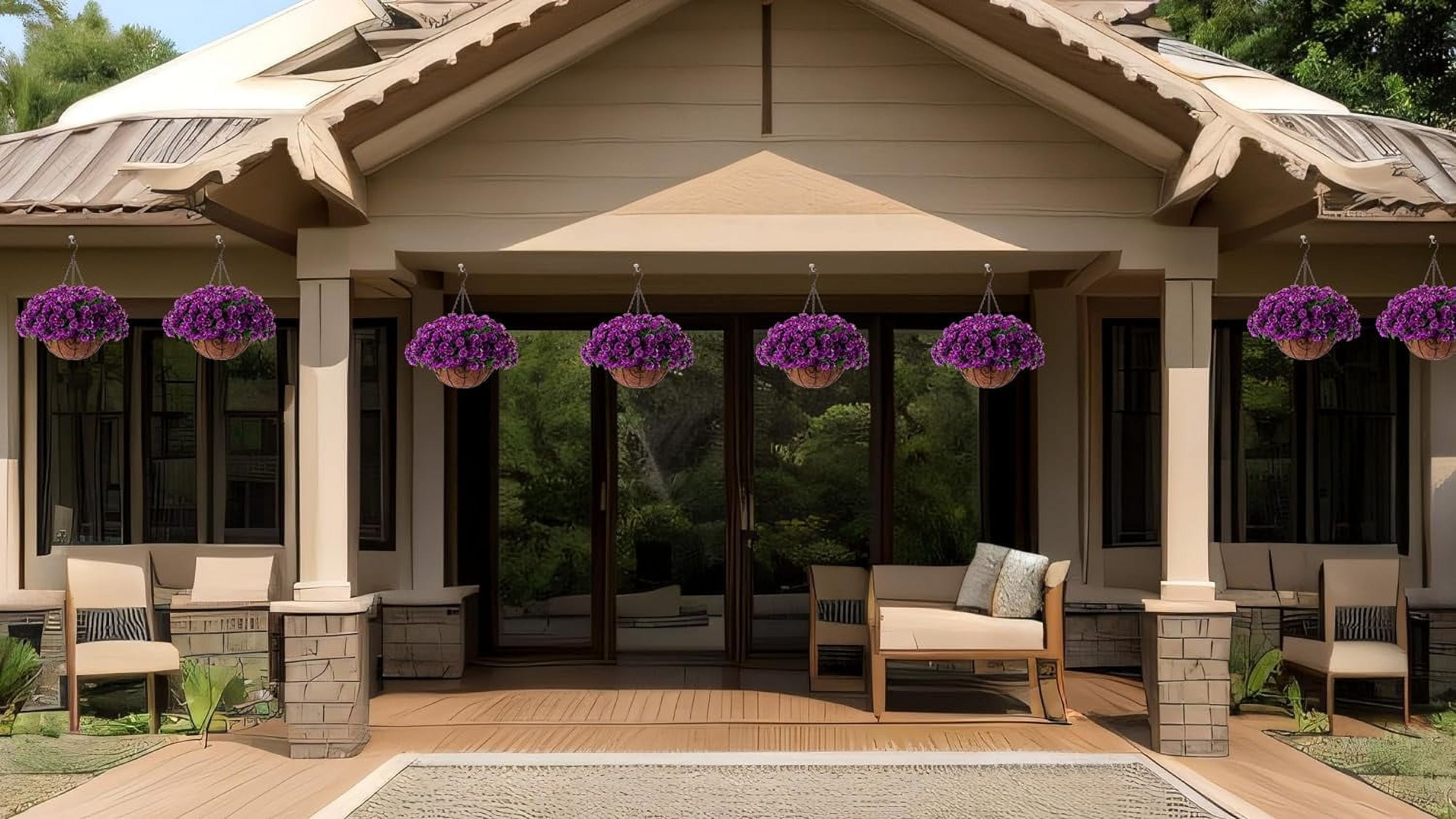 Artificial Hanging Flowers in Basket, Artificial Petunias Arrangement, inch Coconut Lining Basket with Morning Glories Fake Plants for Patio Garden Porch Deck Spring Decoration(Fuchsia)
