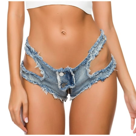 nerohusy Denim Hot ShortsWomen s 2024 Low Rise Denim Shorts Sexy Cut Off Mini Hot Pants Lace Up Frayed Cheeky Booty Shorts Clubwear Blue XL