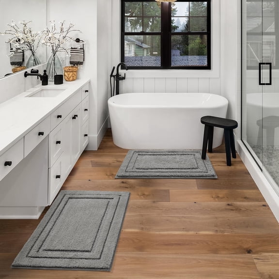 Bathroom Rugs Sets 2 Piece, Super Soft and Absorbent Non Slip Microfiber Machine Washable Bath Mat Set, Gray, 16" x 24"