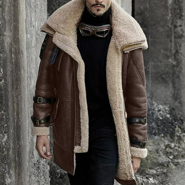 PMUYBHF Male Mens Winter Coats Dress Men Plus Size Winter Coat Lapel Collar  Long Sleeve Padded Leather Jacket Vintage Thicken Coat Sheepskin Jacket  XXXXL
