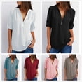 thumbnail image 4 of Ladies Loose Chiffon Shirt Multi Colors V-Neck Zipper Long-Sleeved Casual Basic Blouse Shirt Tops Plus Size, 4 of 9