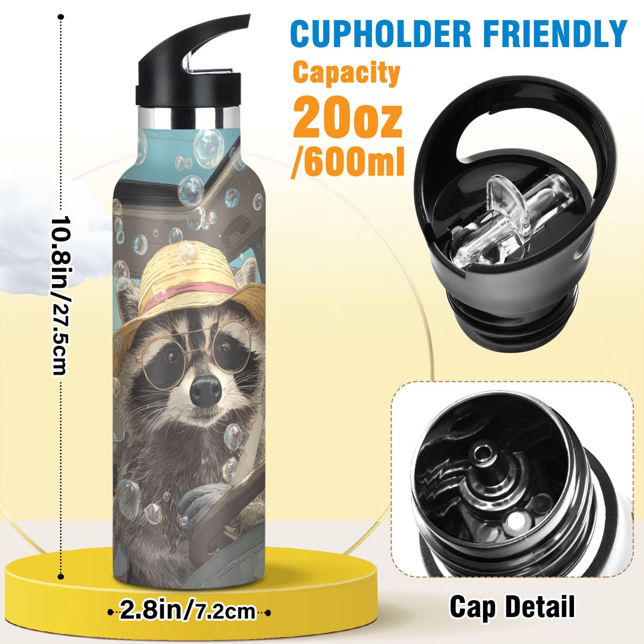 Kids Insulated Stainless Steel Sports Water Bottle 600ml (20oz) Raccoons Wearing Sun Hats
