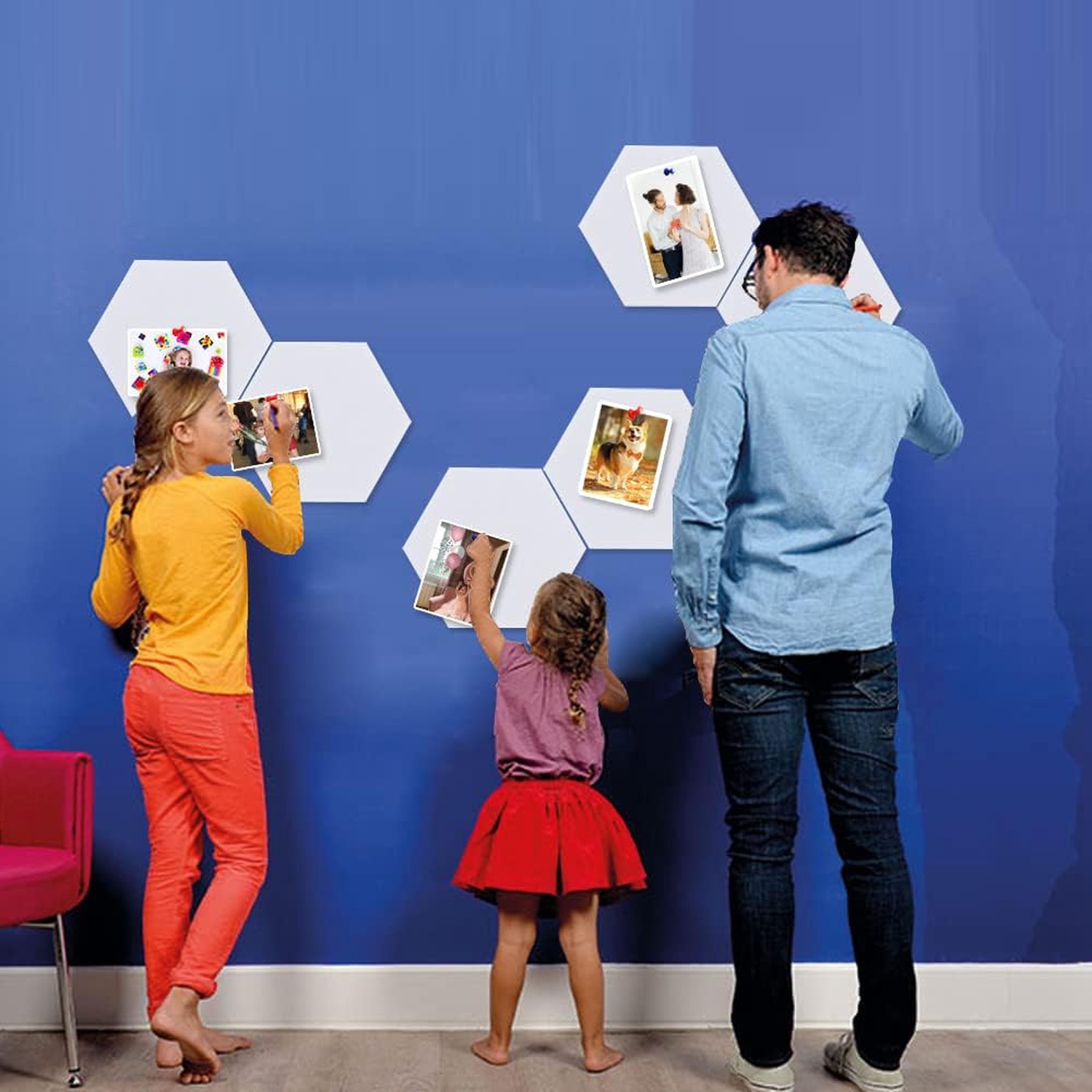 6 Pcs Hexagon Bulletin Board with 50 Pushpins & Sticky Note Adhesive Cork Board for Wall，Felt Pin Board for School，Office Decor（White）