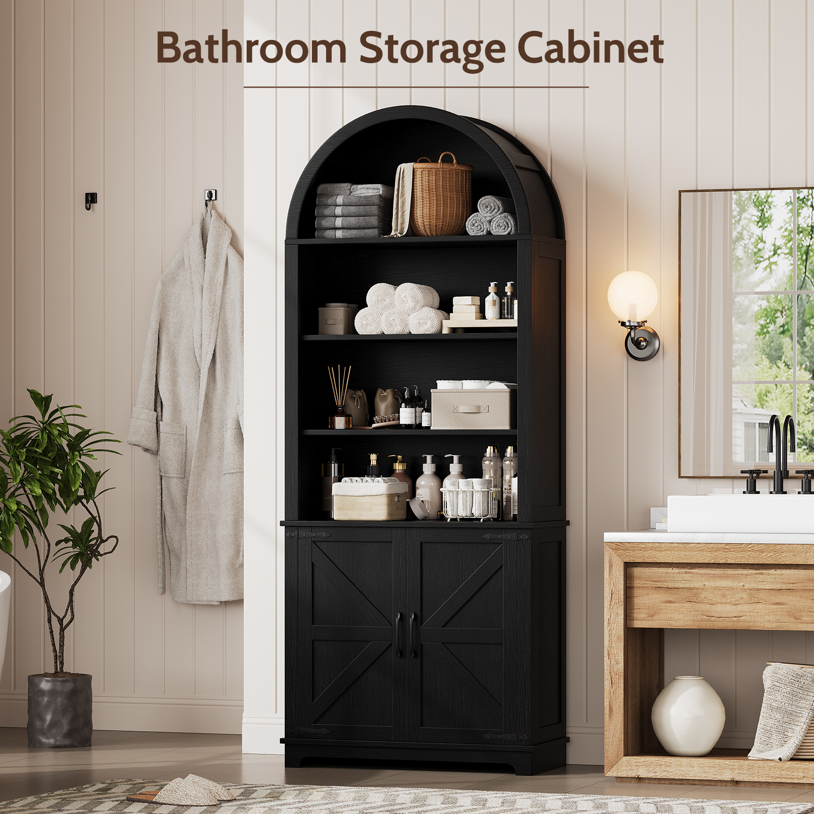 Vividwood Farmhouse 6-Tier Arched Bookshelf Bookcase with Doors Tall Storage Cabinet, Black
