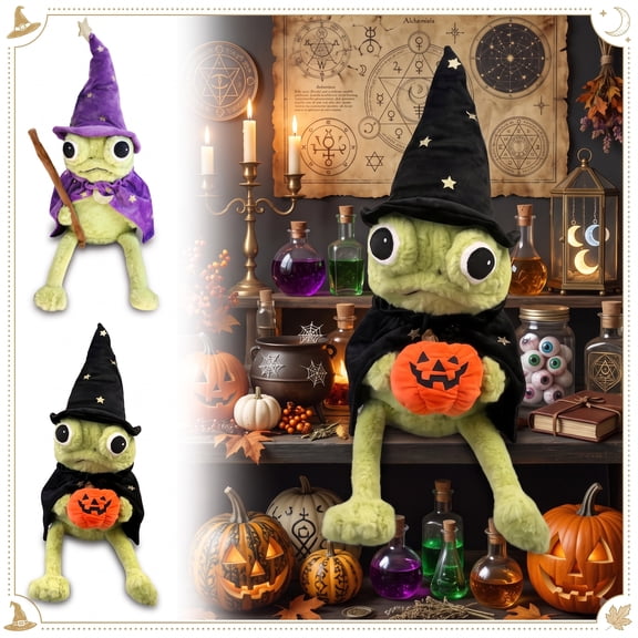 Halloween Frog Toy, Soft Cuddly Witch Stuffed Doll with Pumpkin Bowl, Adorable Collectible Gift for Kids and Fall Home Decoration