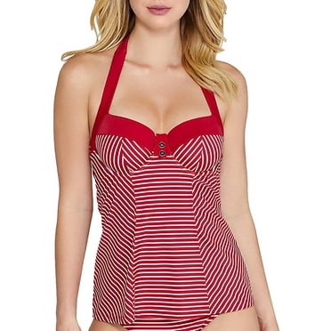 Panache RED/WHITE Britt Stripe Halter Tankini Top, US 32H, UK 32FF