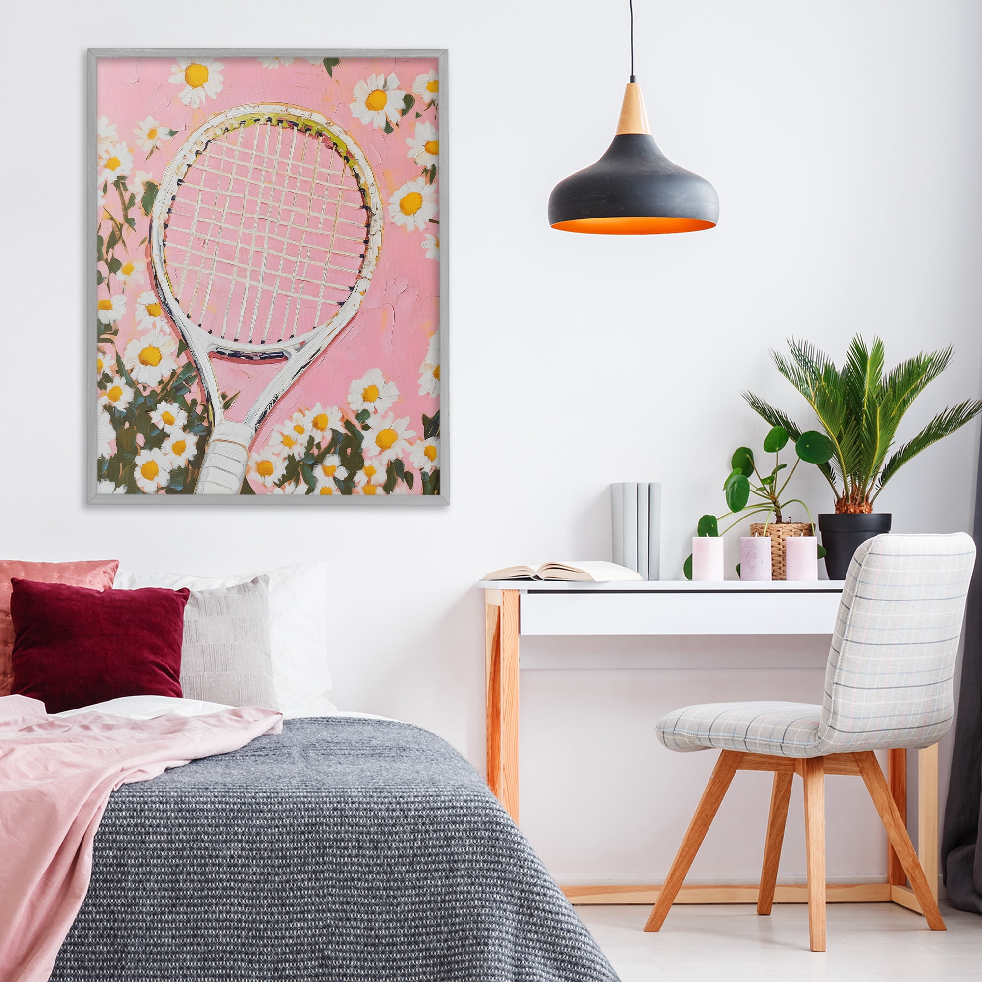 Stupell Industries Pink Tennis Racket & Daisies Gray Framed Giclee Art, design by LSR Design Studio