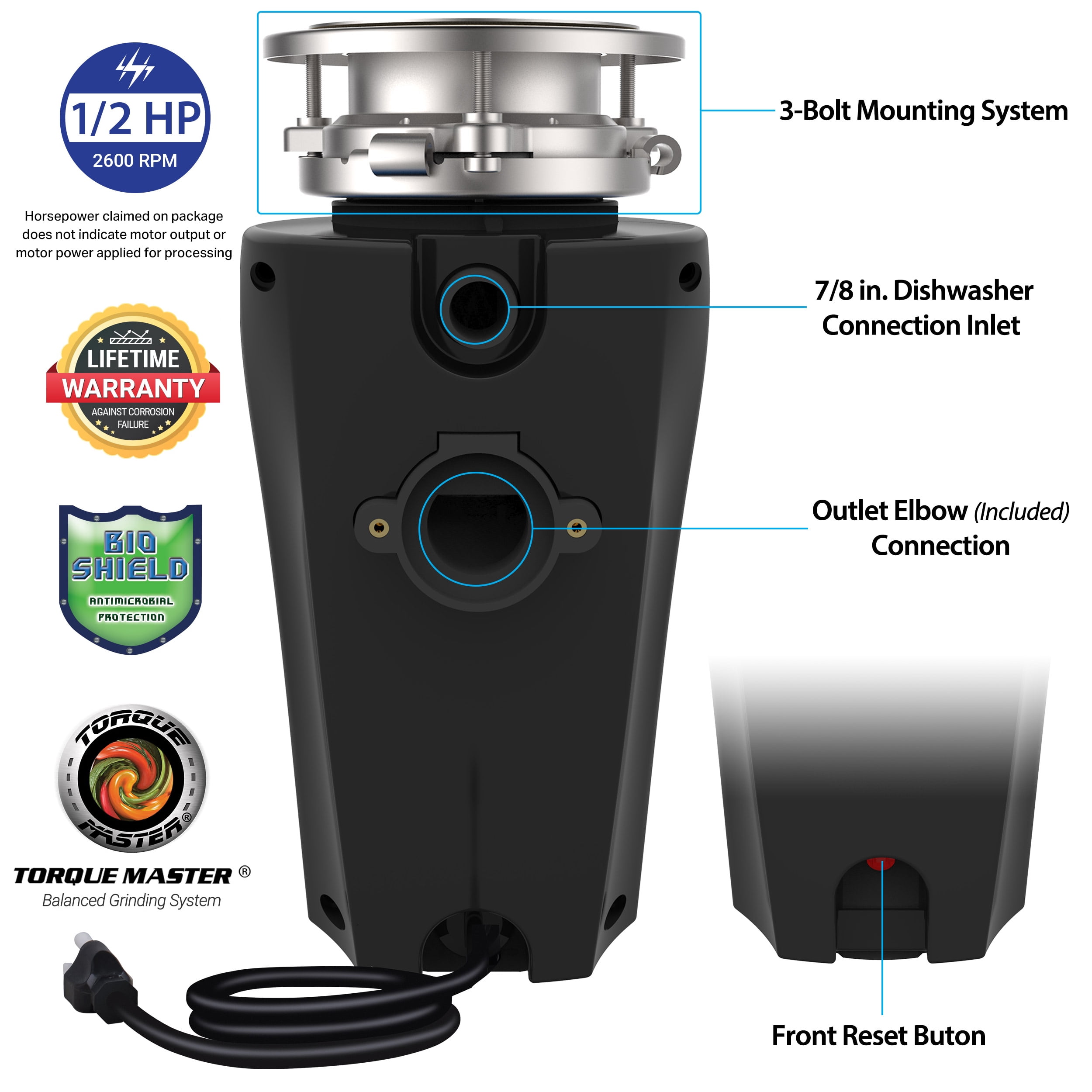 Titan 1/2 HP Economy Garbage Disposal Compact Shell 5.2x12.9" 10-US-TN-560-3B