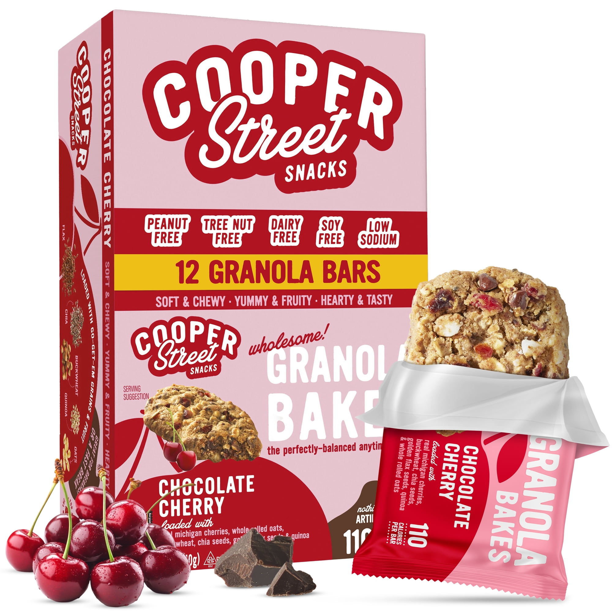 Cooper Street Individually Wrapped Chocolate Cherry Soft Baked Granola Breakfast Bars - Nut & Dairy Free - 12 Bars