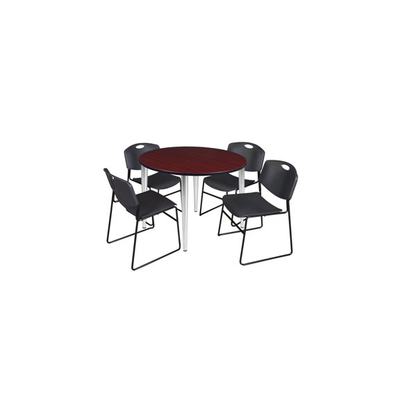 48" Rnd Breakroom Table- Mahogany Top- Chrome Base & 4 Zeng Stack Chairs- Black