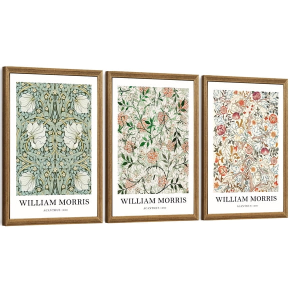 FWAHREN William Morris Framed Canvas Wall Art Set, 3 Piece Vintage Botanical Floral Pattern Pictures Prints Artwork, Large Paintings Wall Decor for L