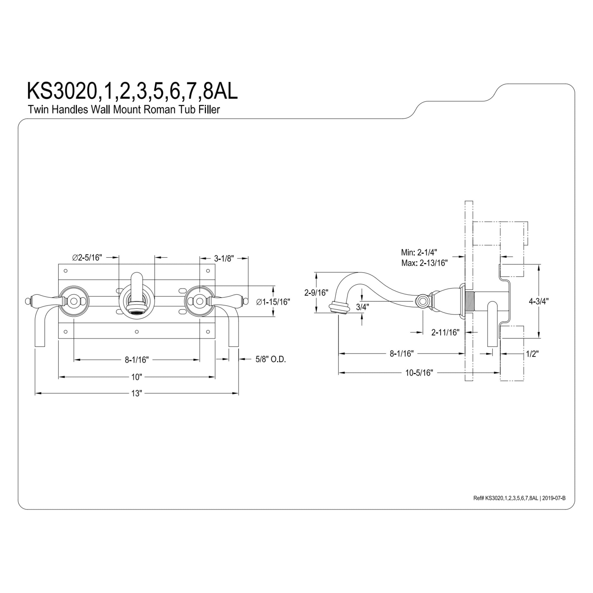 Kingston Brass KS3028AL Restoration Two-Handle Wall Mount Roman Tub Faucet, Brushed Nickel