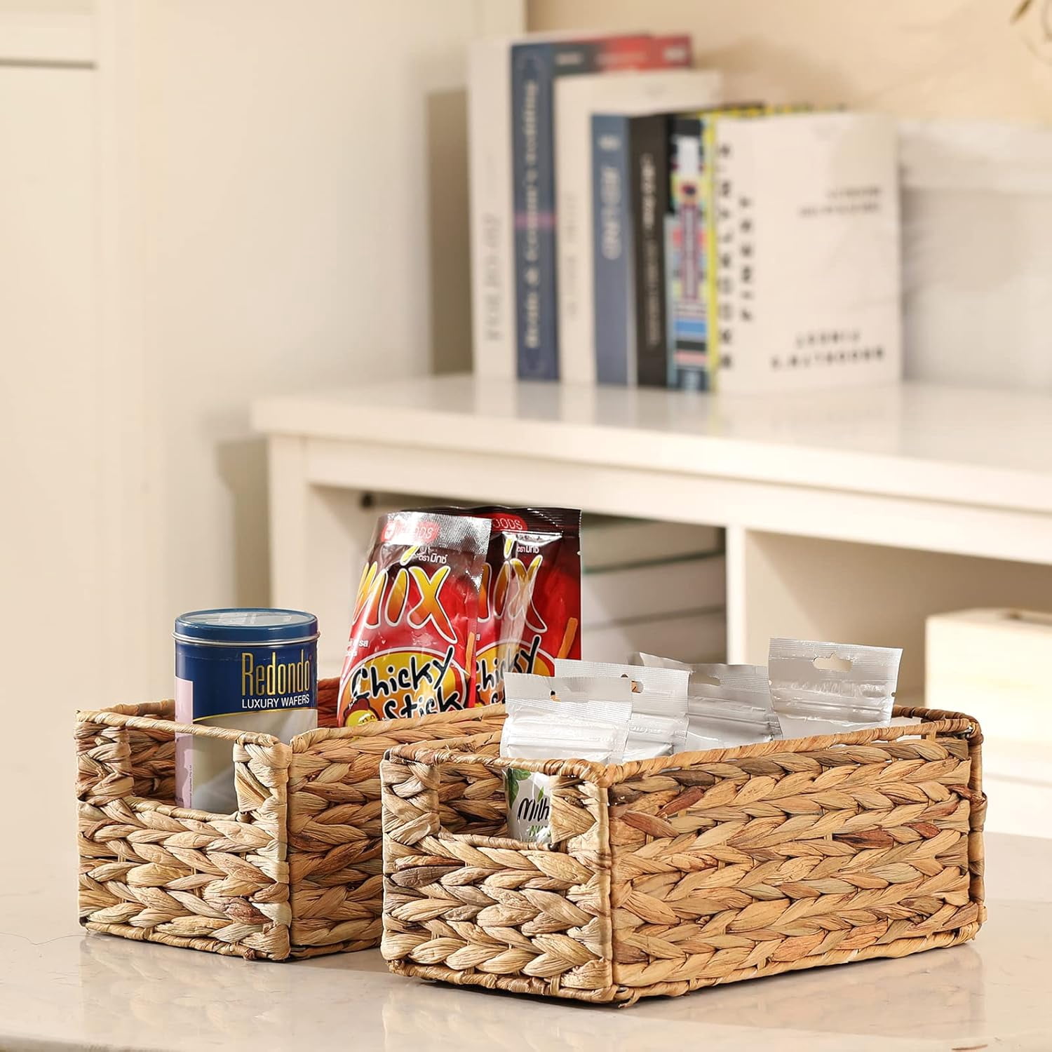 Bevtee Wicker Storage Basket, 2 Pack Hand-Woven Water Hyacinth Storage Basket for Shelves, Foldable Cube Organizer Bins