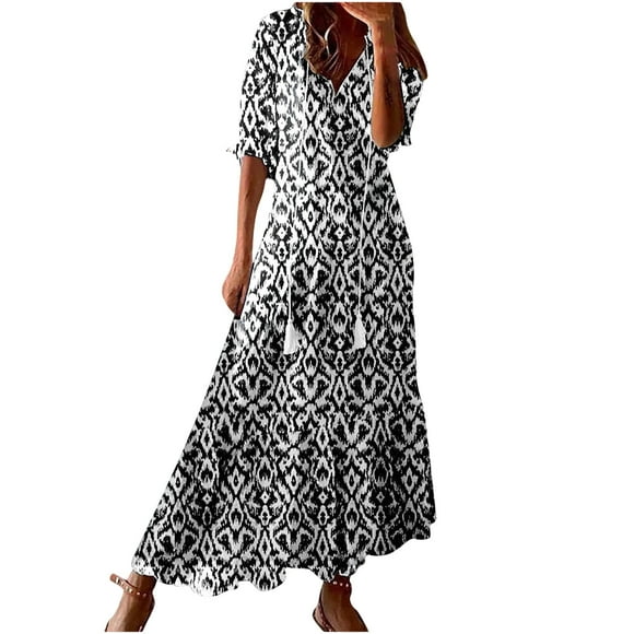 UPPADA Women's Plus Size Floral Print Dresses Summer Casual V Neck Short Sleeve Maxi Dress Boho Beach Dresses Flowy Loose Fit Comfy Dresses,Beach Skirt Black,XXL