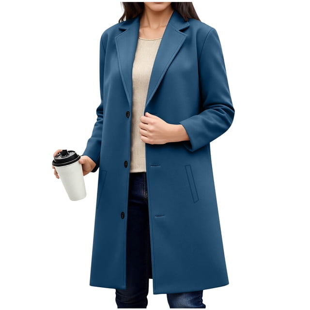 Wensltd Notched Collar Wool Overcoat for Women Classic Button Pocket Solid Color Slim Fit Office Winter Coat