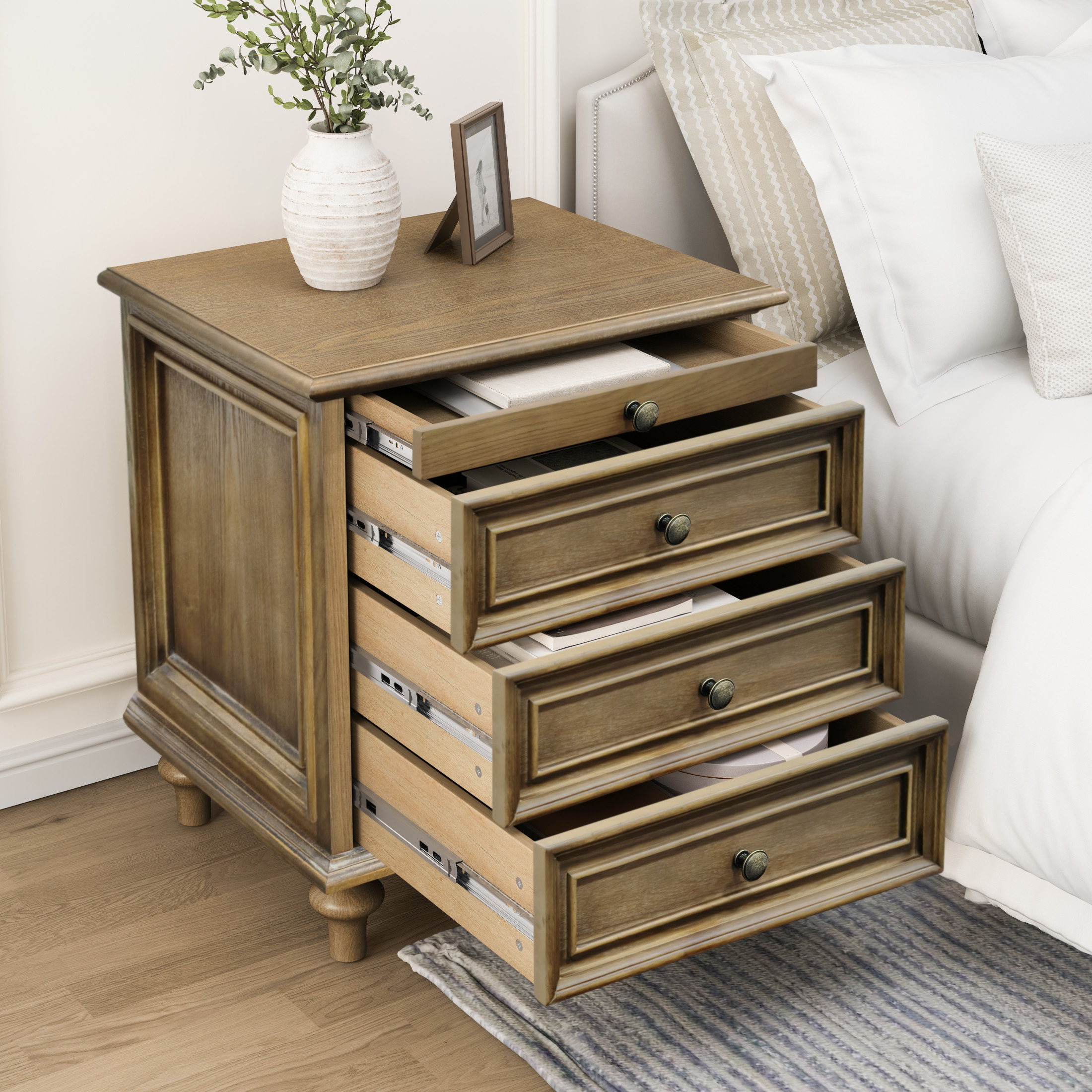 GDF Studio Farmhouse Nightstand with 3 Drawers & Pull-Out Tray, Solid Wood Legs, Light Brown