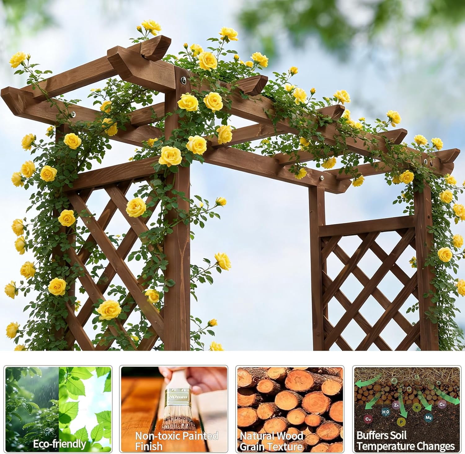 Raised Garden Bed with Trellis, Wood Planter Box with Hanging Roof, Side Trellis and Drainage Holes, Above Ground Elevated Garden Bed for Outdoor Climbing Plants Vegetables(Carbonized Color)