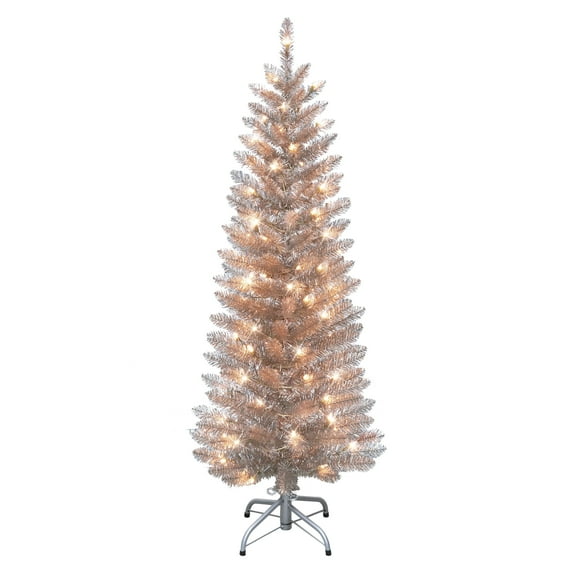 4.5 ft Pre-Lit Rose Gold Tinsel Artificial Tree