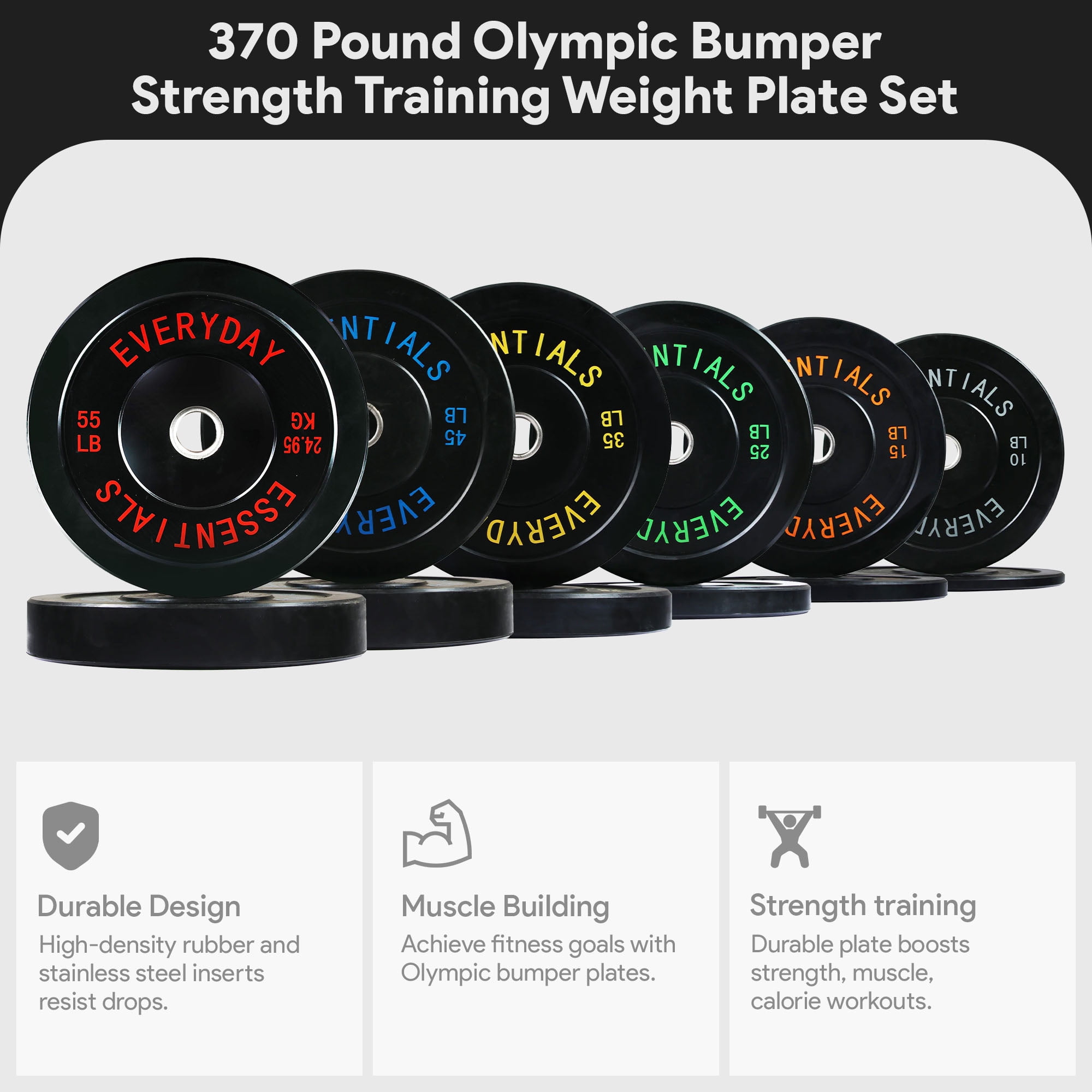 BalanceFrom 370 lb Olympic Rubber Bumper Weight Plate Set with 2” Steel Hub Inserts