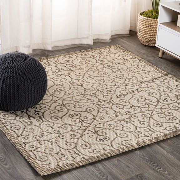 JONATHAN Y SANTA MONICA 5' Square Area Rug, Madrid Vintage Filigree Textured Weave - Beige/Brown, SMB107B-5SQ