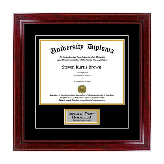 Personalized Single Diploma Frame with Double Matting for 17" x 11" Tall Diploma with Cherry 1.5" Frame