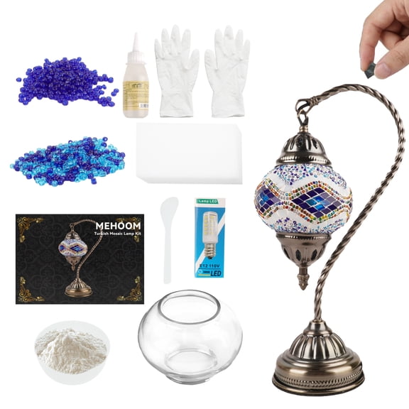 MEHOOM DIY Turkish Moroccan Lamp Making Kit, Mosaic Tiles Crafts Kit for Adults, Boho Decor Stained Glass Bedside Table Lamp, Unique Gift for Her or Him (Swan Neck Blue)